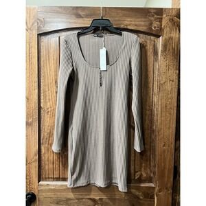 Zara Women's Brown Ribbed Stretch Fitted Long Sleeve Mini Dress Size L NWT